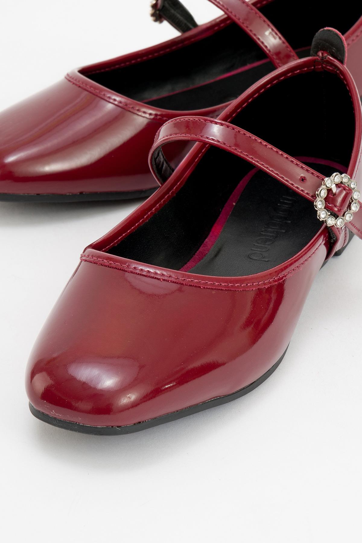 Kadın Kemerli Taşlı Küt Burunlu Babet BORDO RUGAN - Görsel 4