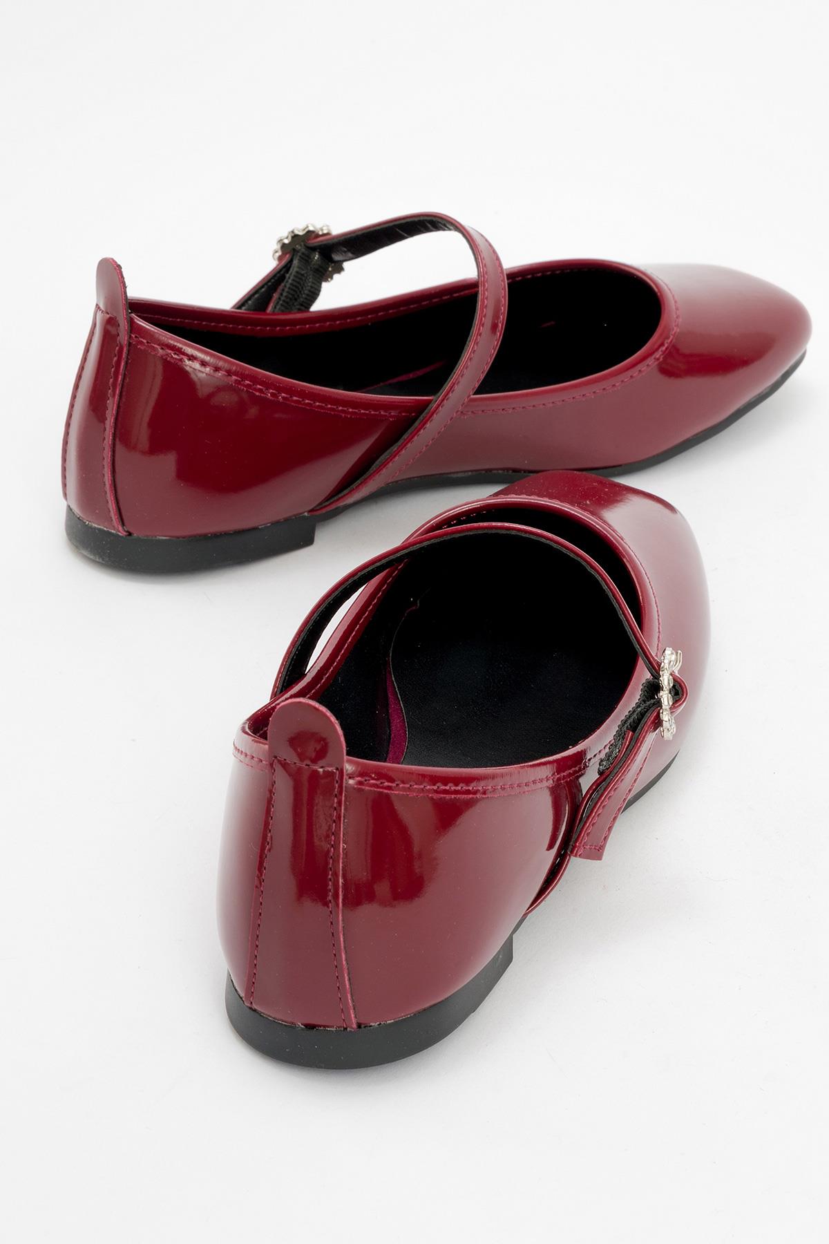 Kadın Kemerli Taşlı Küt Burunlu Babet BORDO RUGAN - Görsel 5