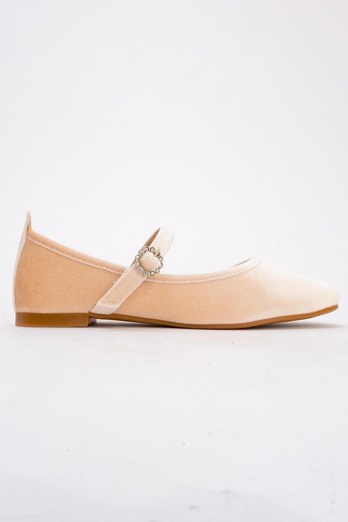 Kadın Kemerli Taşlı Küt Burunlu Babet TEN KADİFE - Görsel 3