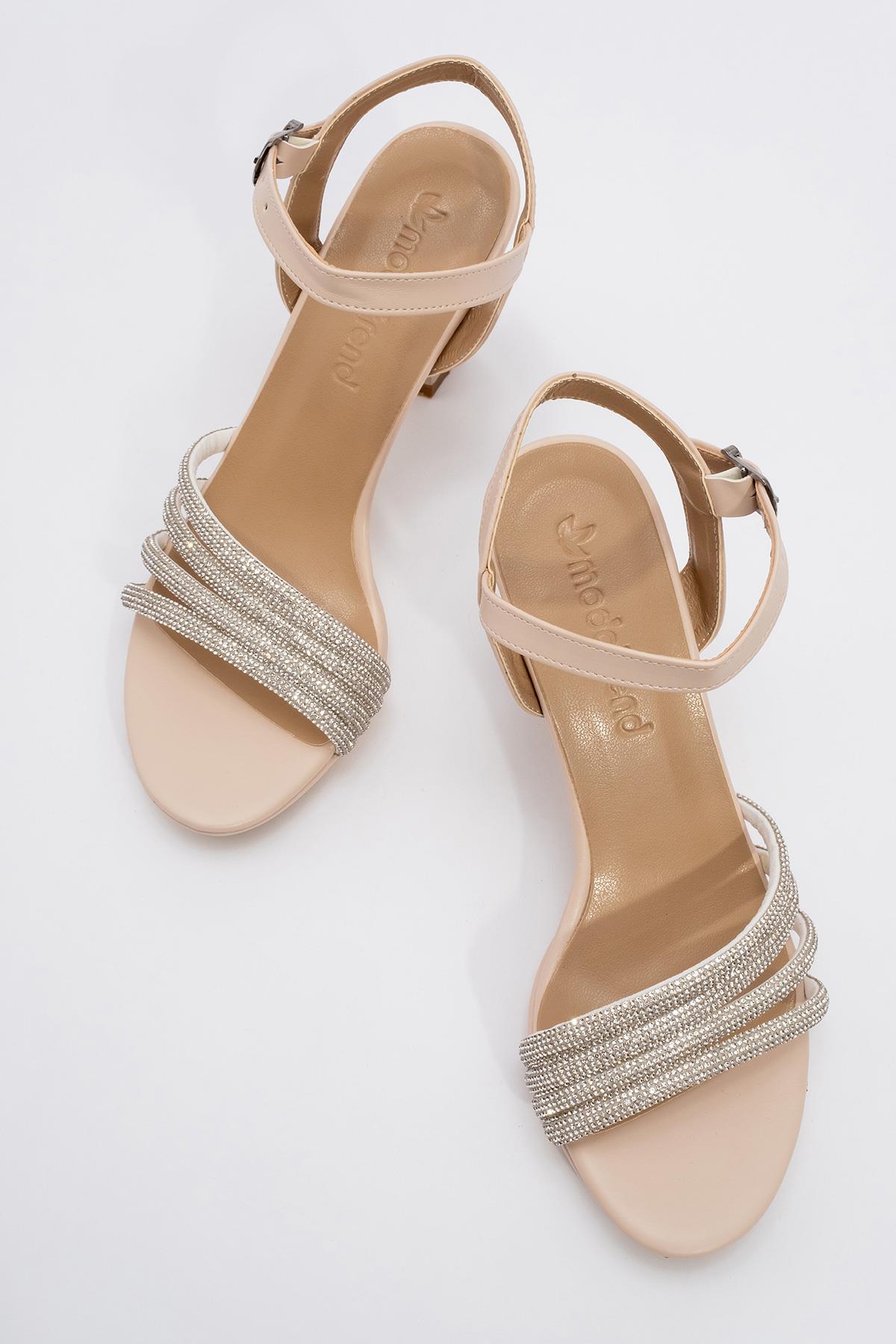 Kadın Biyeli Taşlı Topuklu Sandalet TEN CİLT - Görsel 6