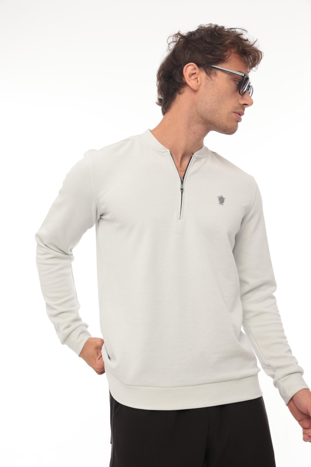 Yarım Fermuarlı Kolej Yaka Sweatshirt Regular Fit-Açık Gri-2317