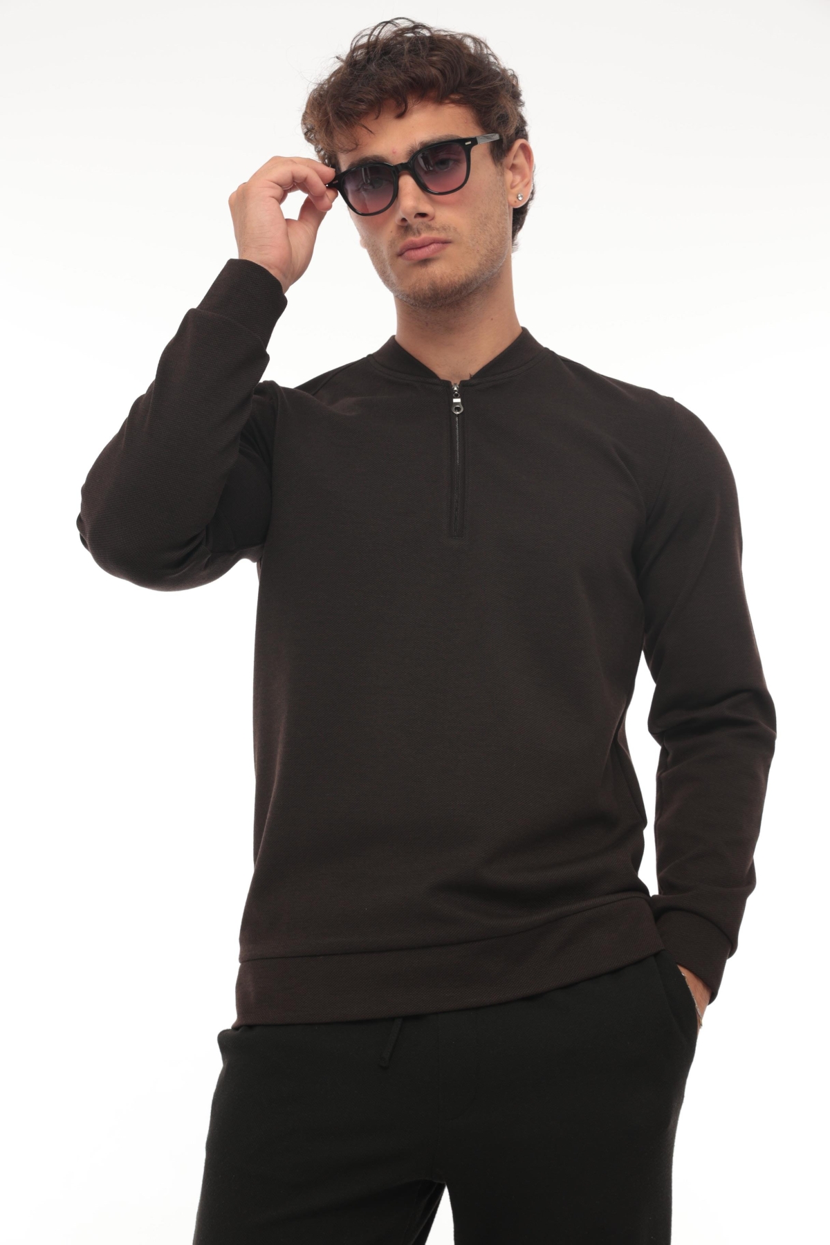 Yarım Fermuarlı Kolej Yaka Sweatshirt Regular Fit-Kahverengi- 2317