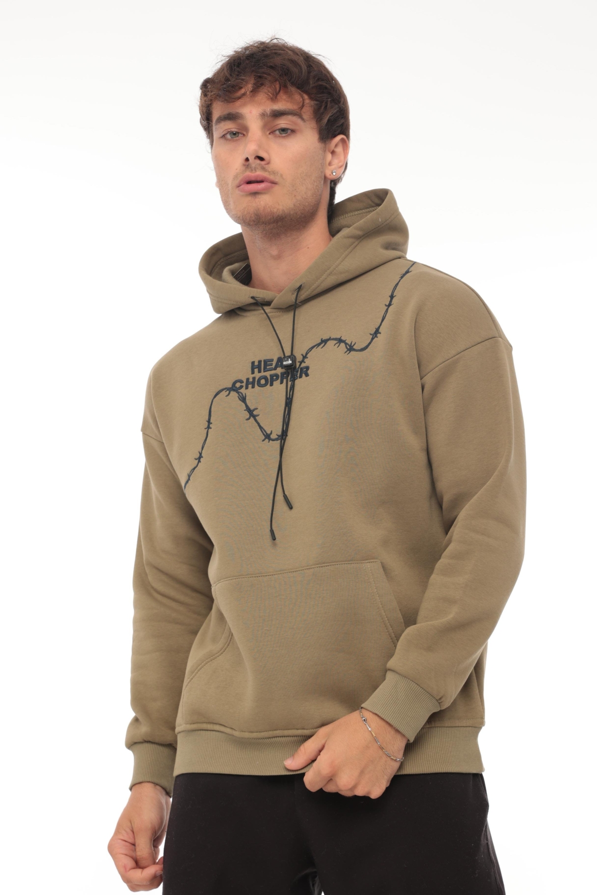 Haki Üç İplik Head Chopper Nakışlı Oversize Kapşonlu Sweatshirt- 2319