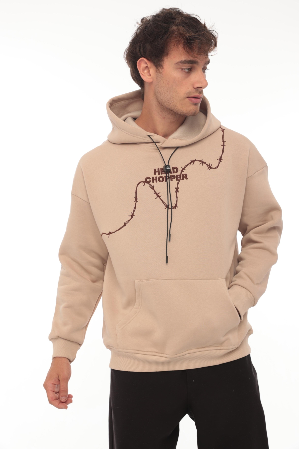 Bej Üç İplik Head Chopper Nakışlı Oversize Kapşonlu Sweatshirt- 2319