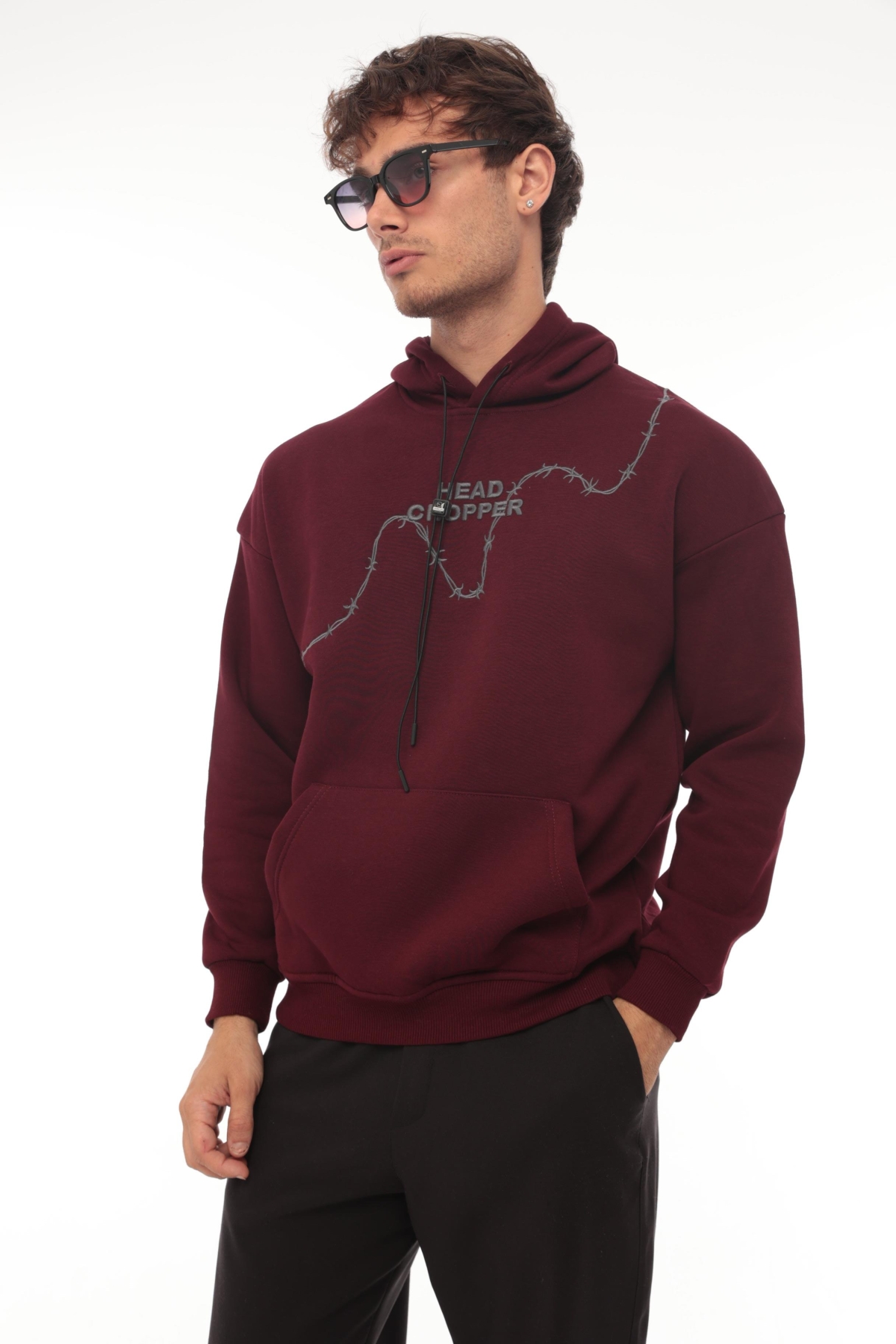 Bordo Üç İplik Head Chopper Nakışlı Oversize Kapşonlu Sweatshirt- 2319