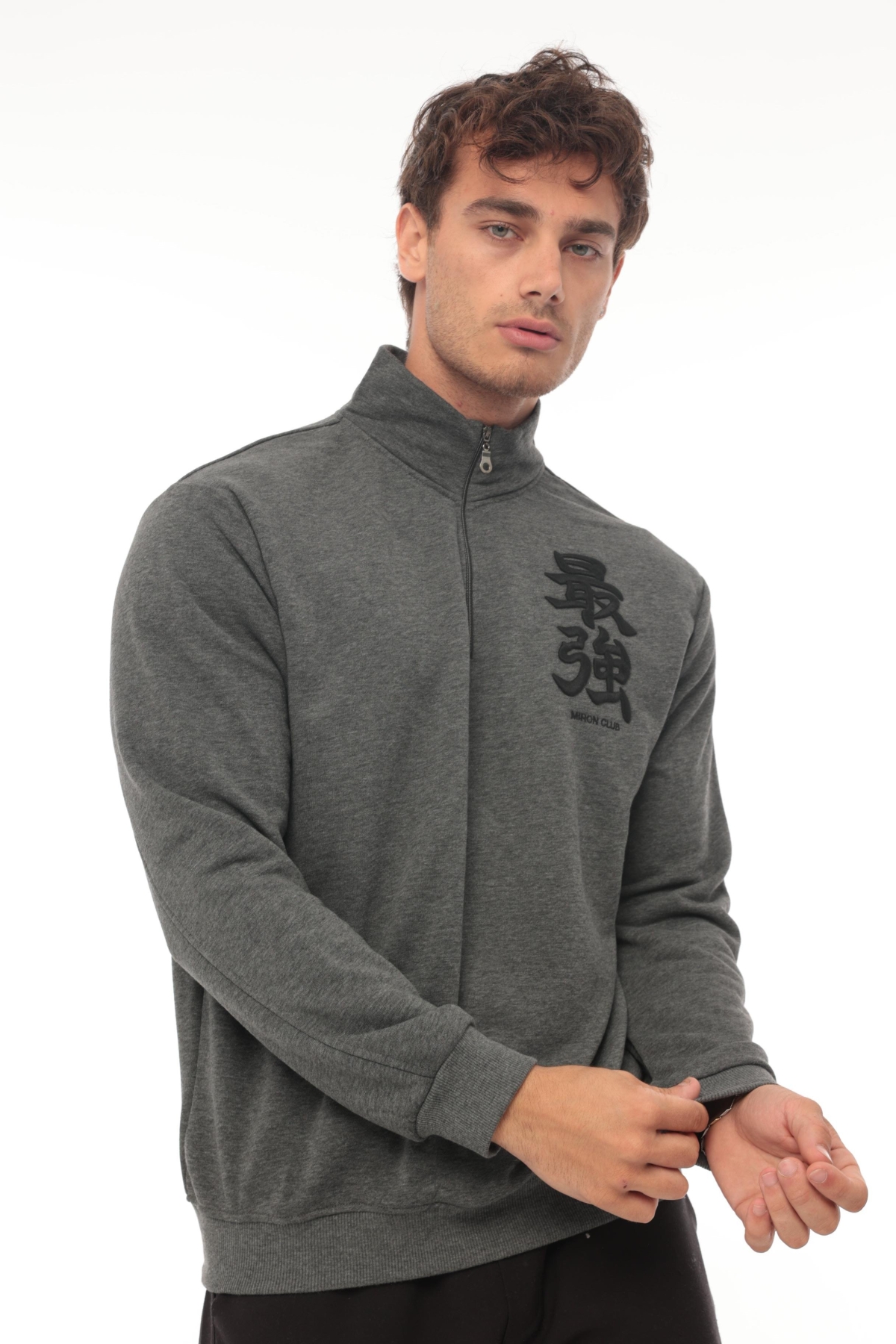 Antrasit Üç İplik Fermuarlı Nakış Detaylı Regular Fit Sweatshirt- 2327