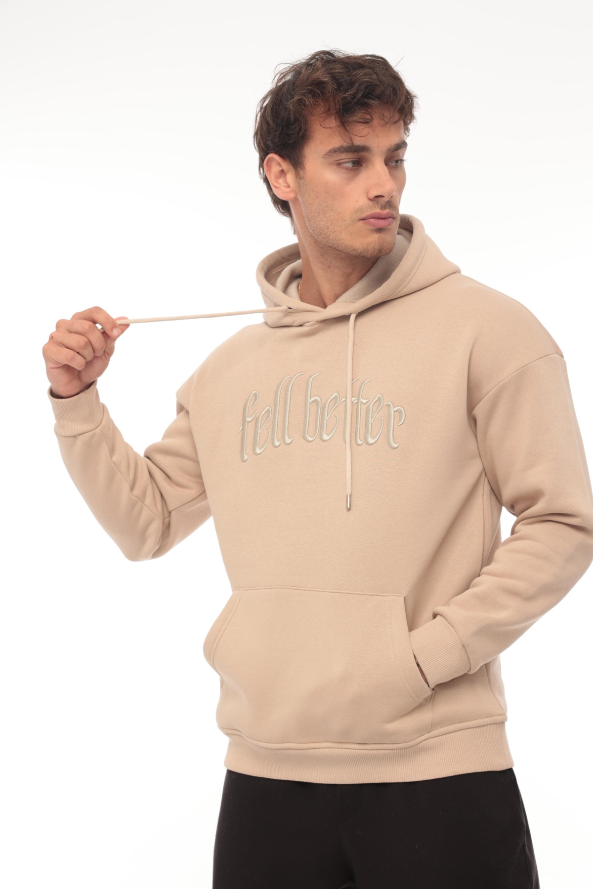 Bej Fell Better Nakışlı Kapşonlu Üç İplik Oversize Sweatshirt- 2318