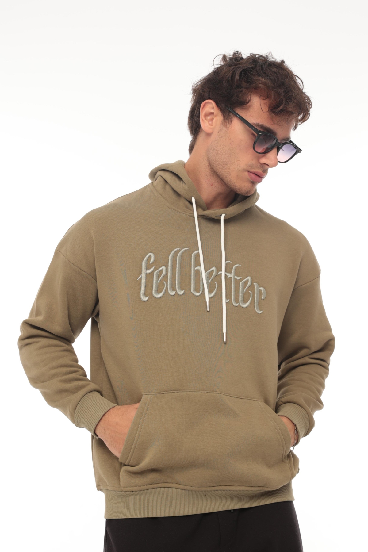 Haki Fell Better Nakışlı Kapşonlu Üç İplik Oversize Sweatshirt- 2318