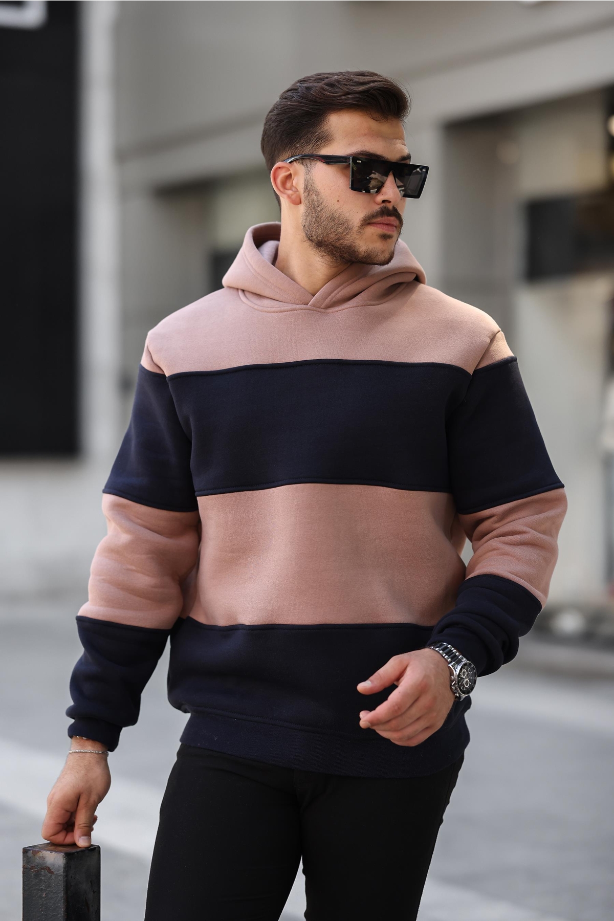 Kamel Lacivert Blok Parçalı Overisize Kapşonlu Üç iplik Sweatshirt- 2316