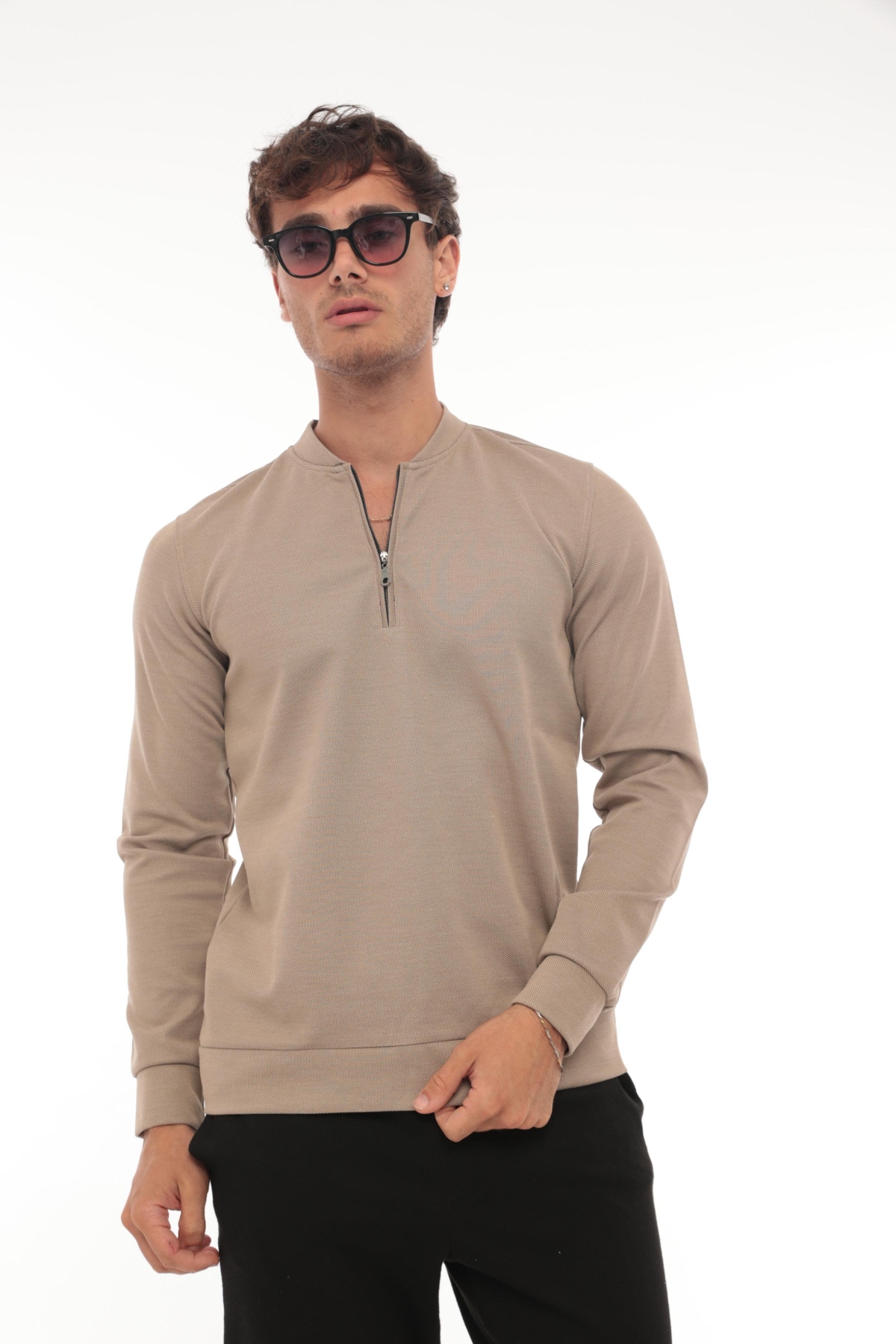 Yarım Fermuarlı Kolej Yaka Sweatshirt Regular Fit-Bej- 2317