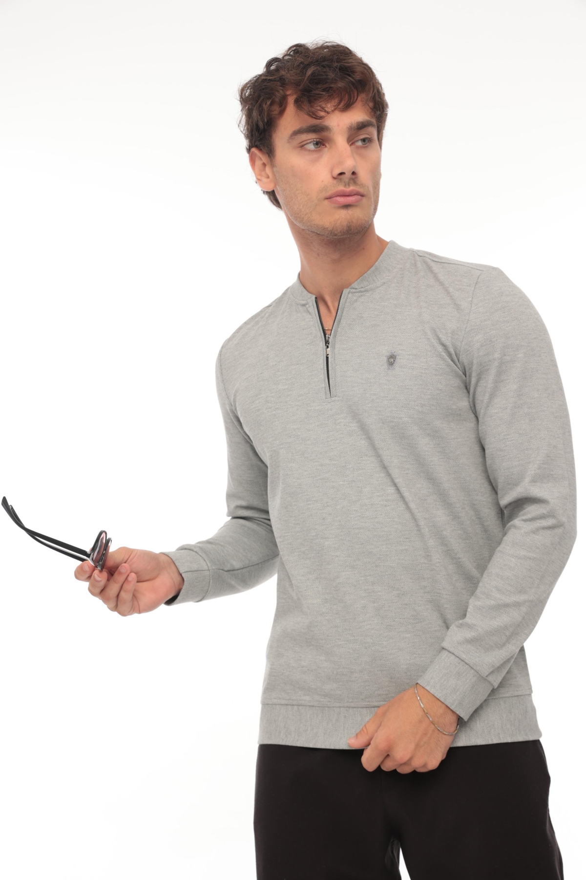 Yarım Fermuarlı Kolej Yaka Sweatshirt Regular Fit-Gri- 2317