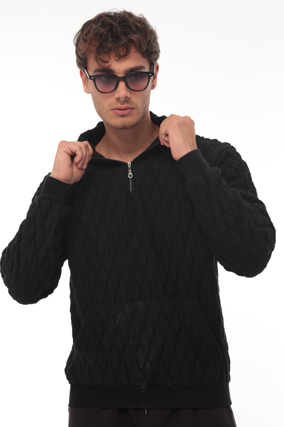 Siyah Kapitone Detaylı Yarım Fermuarlı Regular Fit Sweatshirt- 2326