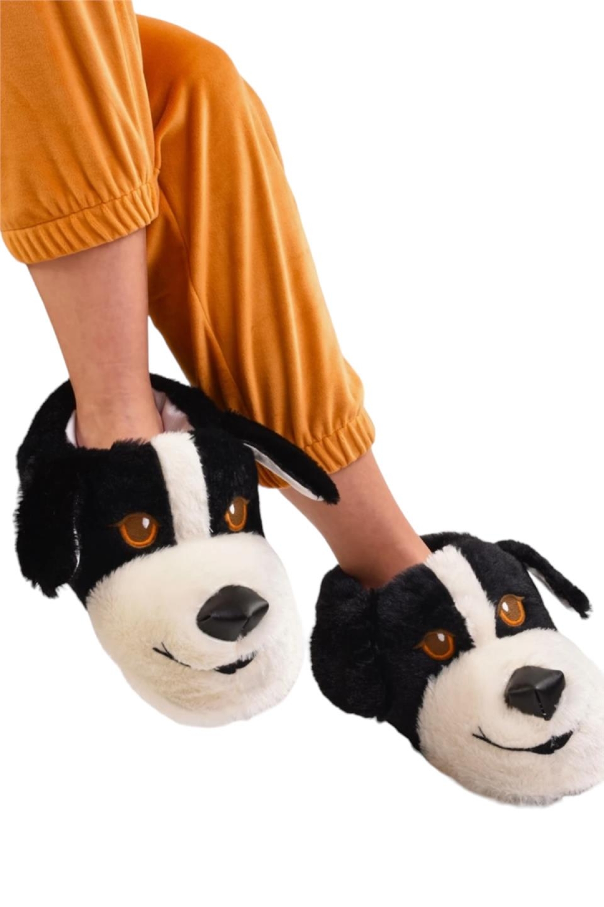 Unisex Sevimli Köpek Figürlü Kaymaz ve Ses Yapmaz Taban Ev Panduf SİYAH - Görsel 2