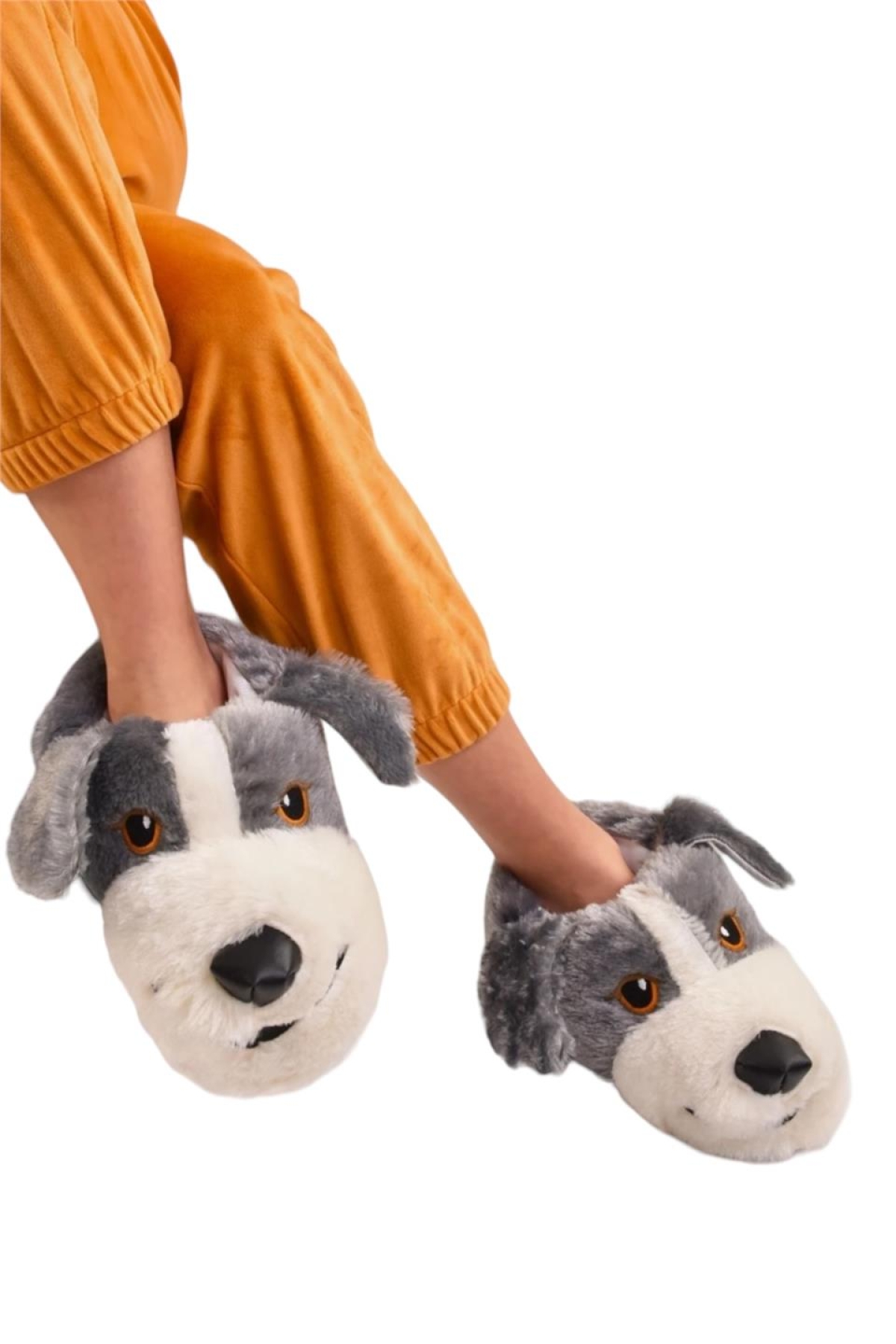 Unisex Sevimli Köpek Figürlü Kaymaz ve Ses Yapmaz Taban Ev Panduf GRİ - Görsel 3