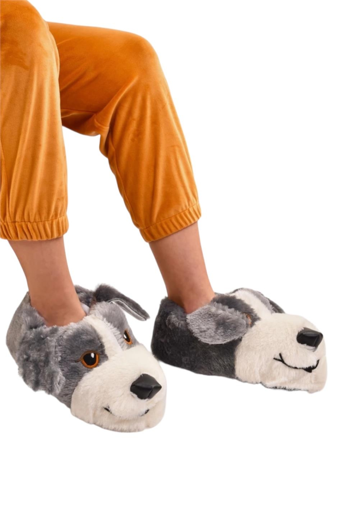 Unisex Sevimli Köpek Figürlü Kaymaz ve Ses Yapmaz Taban Ev Panduf GRİ - Görsel 4