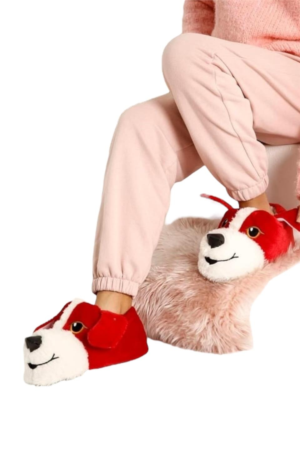 Unisex Sevimli Köpek Figürlü Kaymaz ve Ses Yapmaz Taban Ev Panduf KIRMIZI - Görsel 3