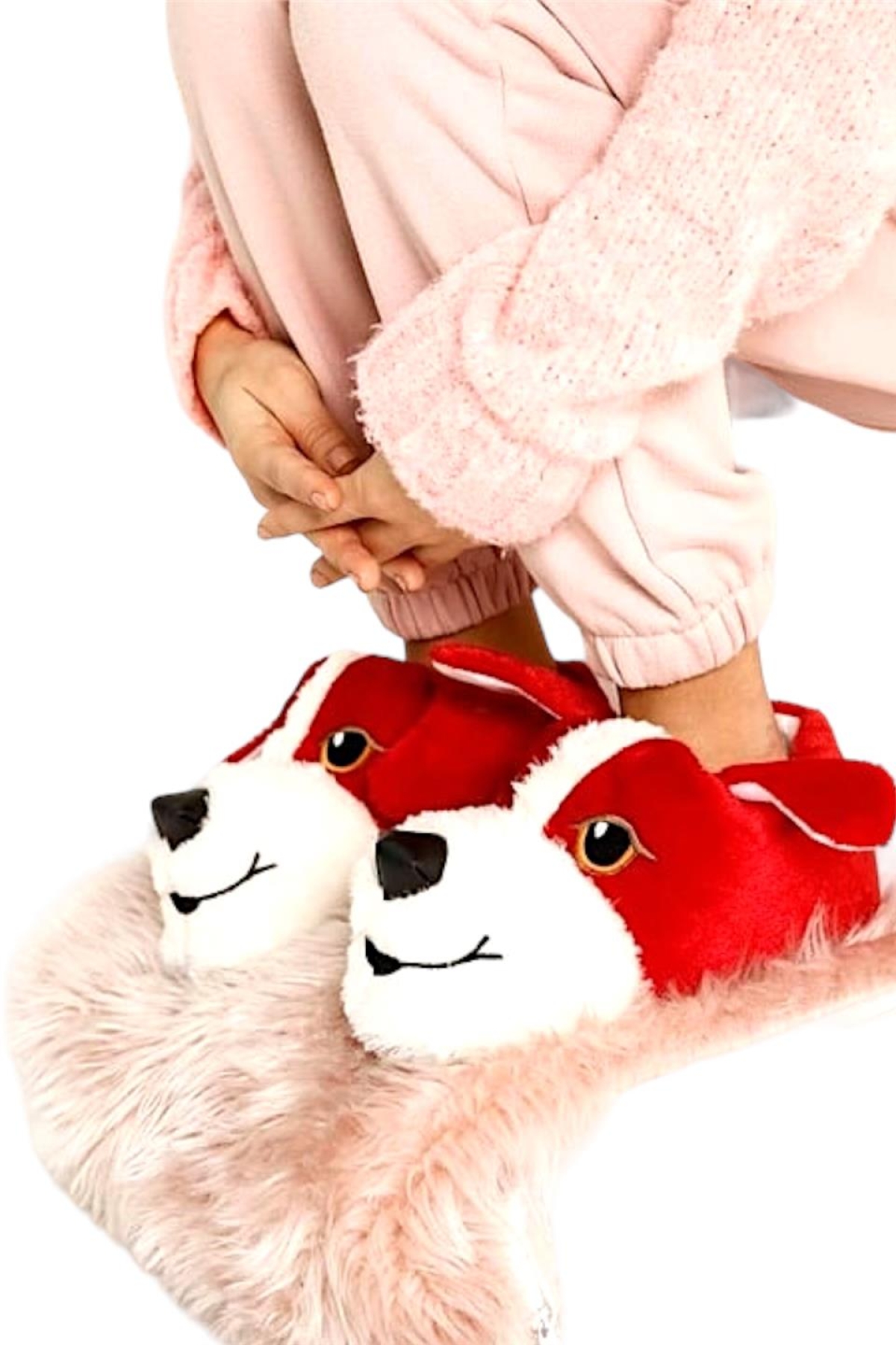 Unisex Sevimli Köpek Figürlü Kaymaz ve Ses Yapmaz Taban Ev Panduf KIRMIZI - Görsel 4