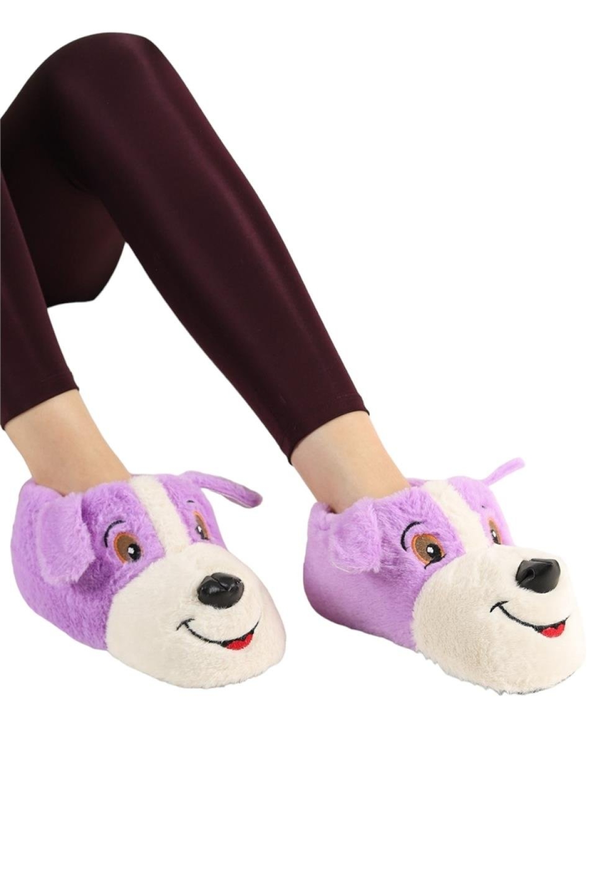 Unisex Sevimli Köpek Figürlü Kaymaz ve Ses Yapmaz Taban Ev Panduf Lila - Görsel 2