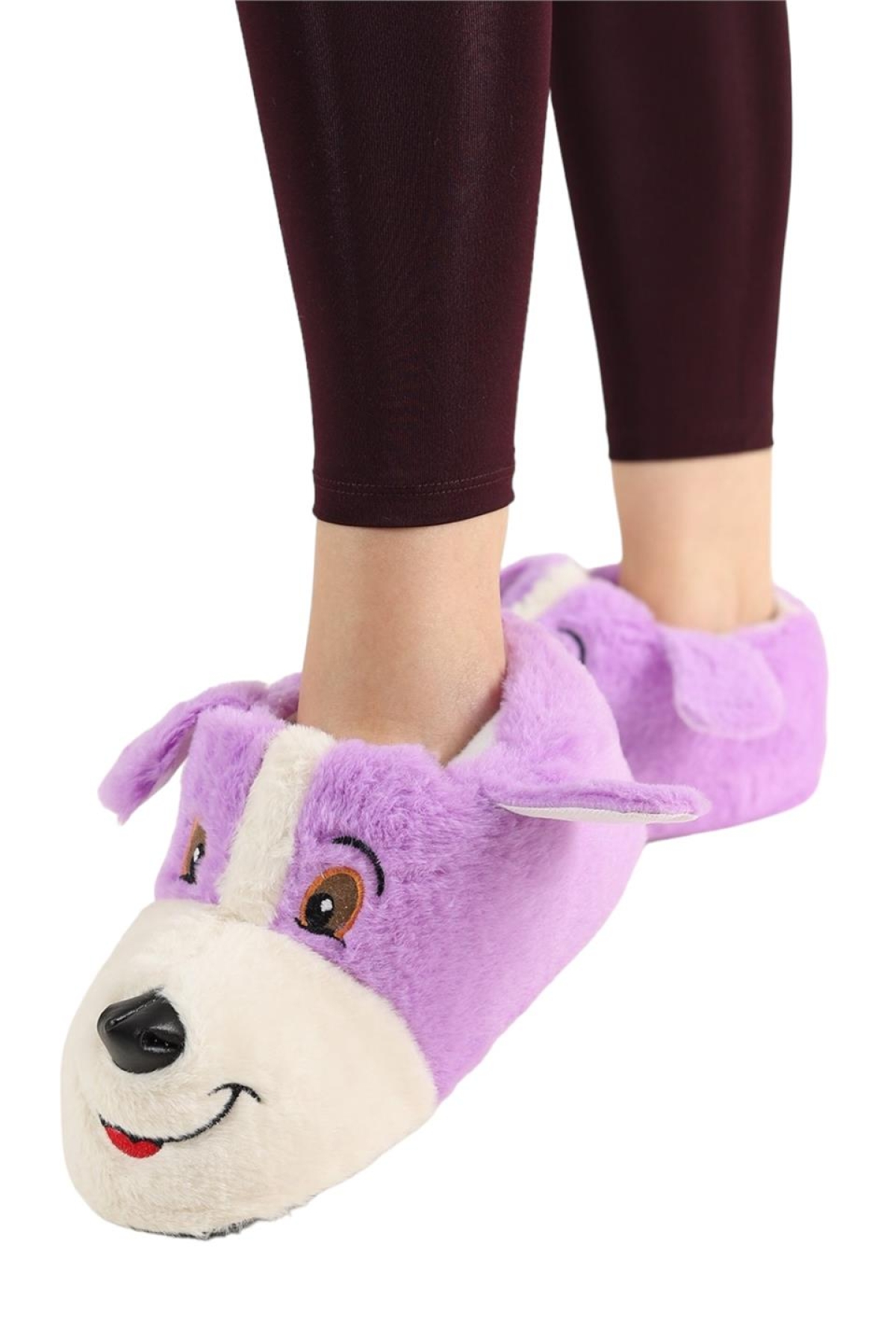 Unisex Sevimli Köpek Figürlü Kaymaz ve Ses Yapmaz Taban Ev Panduf Lila - Görsel 3