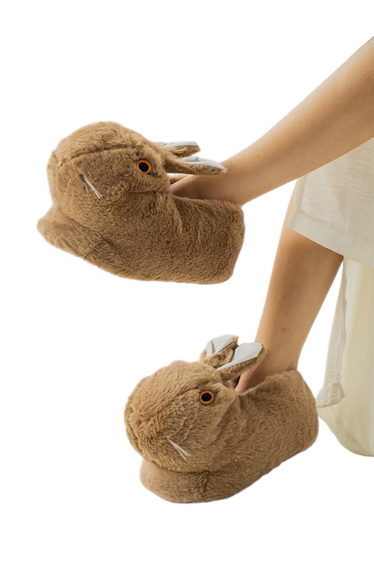 Peluş Tavşan Figürlü Kaymaz ve Ses Yapmaz Ev Panduf KAHVERENGİ - Görsel 3