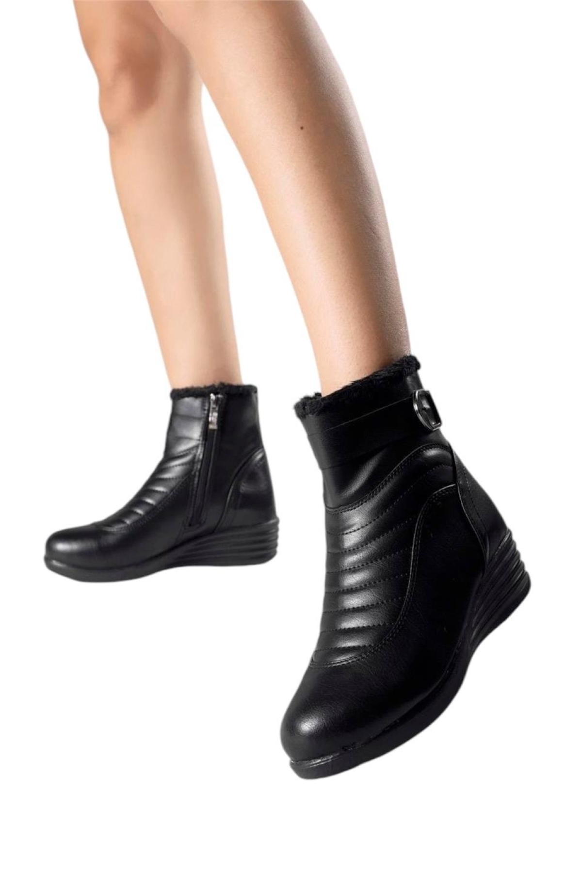 Kadın Fermuarlı Kürklü Soğuk Geçirmez Hafif Kaydırmaz Taban Bot (36-42 Numara) SİYAH - Görsel 2