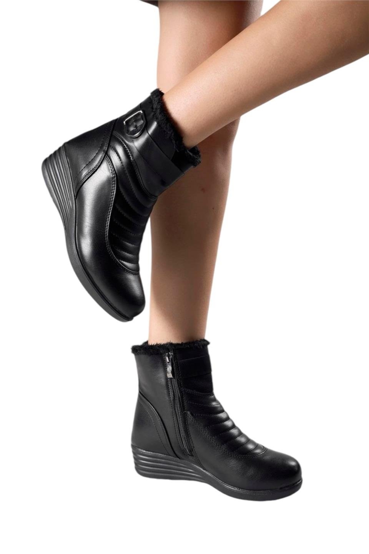 Kadın Fermuarlı Kürklü Soğuk Geçirmez Hafif Kaydırmaz Taban Bot (36-42 Numara) SİYAH - Görsel 3
