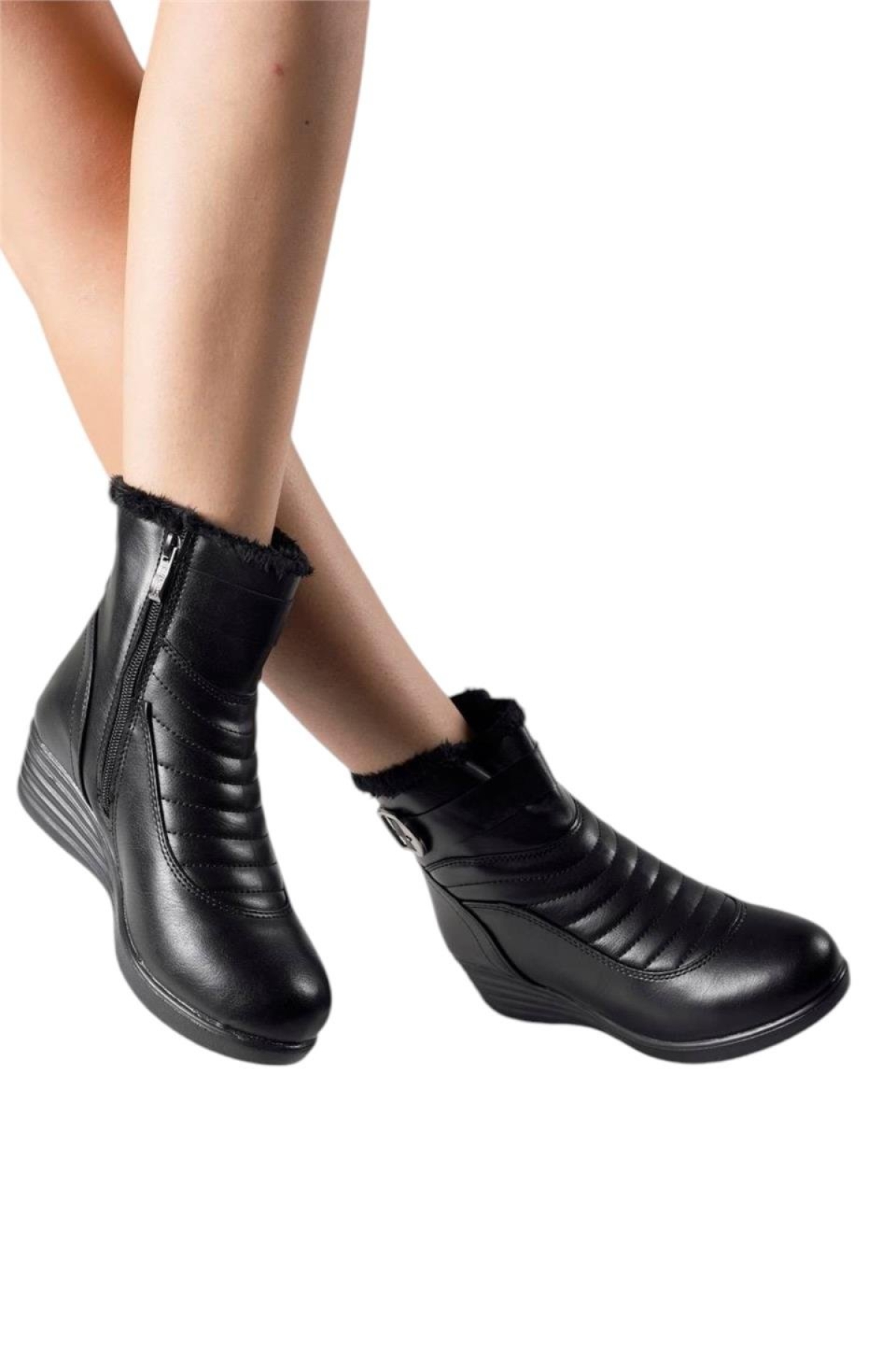 Kadın Fermuarlı Kürklü Soğuk Geçirmez Hafif Kaydırmaz Taban Bot (36-42 Numara) SİYAH - Görsel 4
