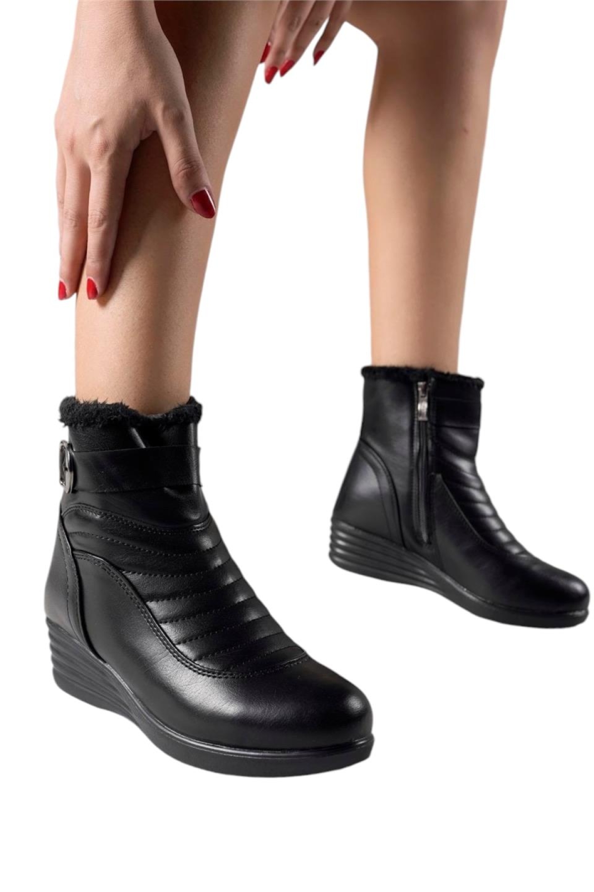 Kadın Fermuarlı Kürklü Soğuk Geçirmez Hafif Kaydırmaz Taban Bot (36-42 Numara) SİYAH - Görsel 5