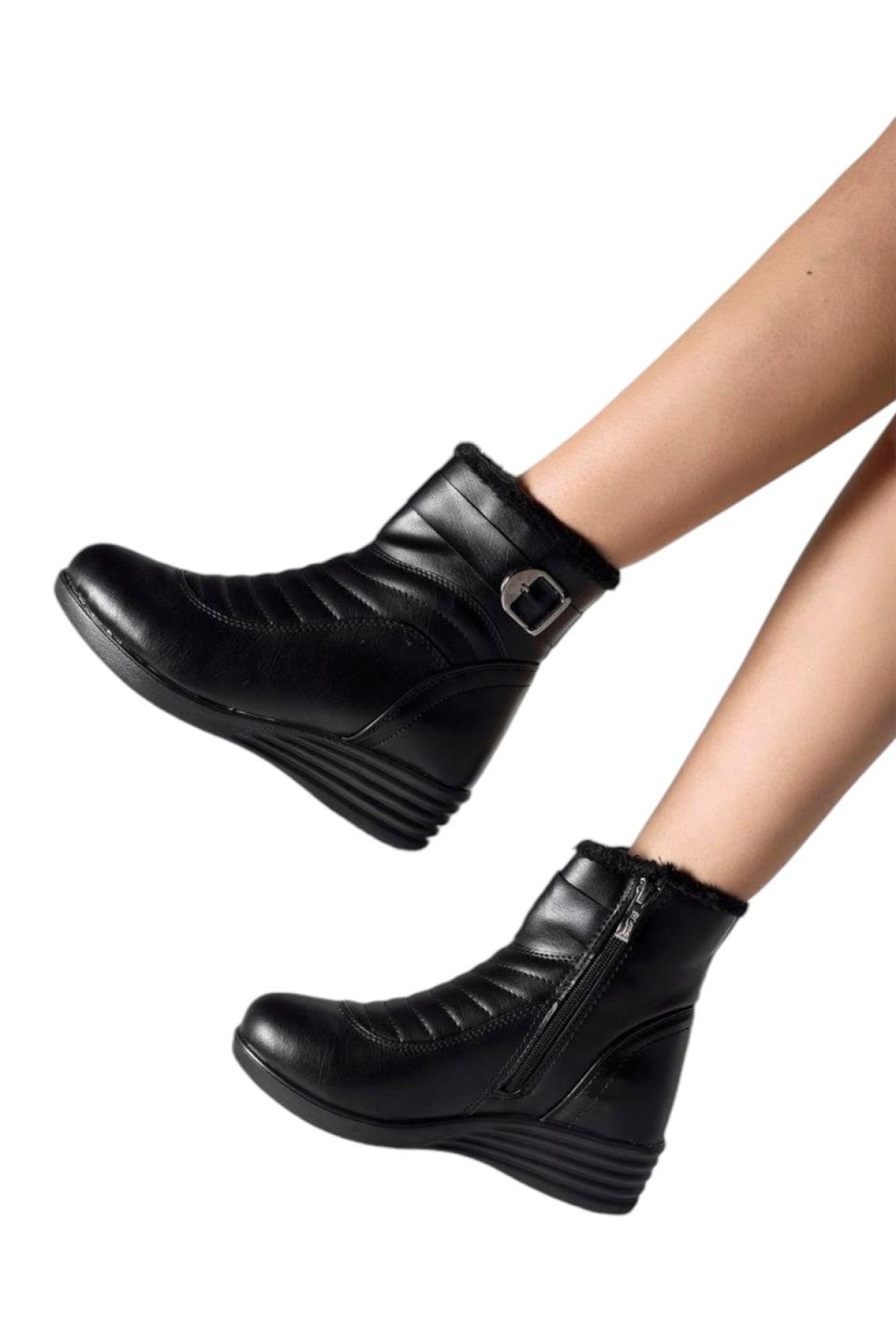 Kadın Fermuarlı Kürklü Soğuk Geçirmez Hafif Kaydırmaz Taban Bot (36-42 Numara) SİYAH - Görsel 6