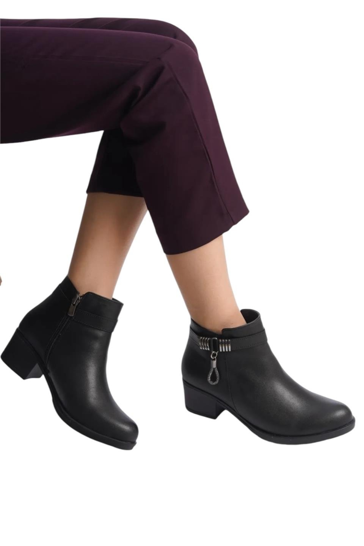 Topuklu Fermuarlı Tokalı Rahat Kadın Bot (5,5 Cm) SİYAH - Görsel 2