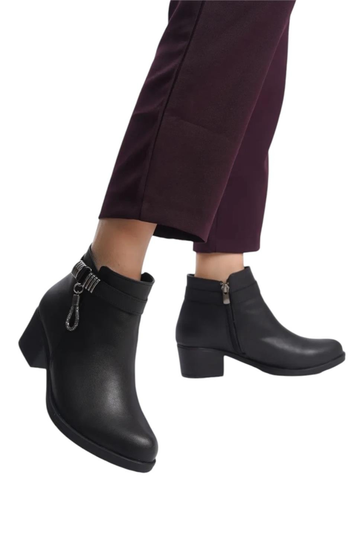 Topuklu Fermuarlı Tokalı Rahat Kadın Bot (5,5 Cm) SİYAH - Görsel 3