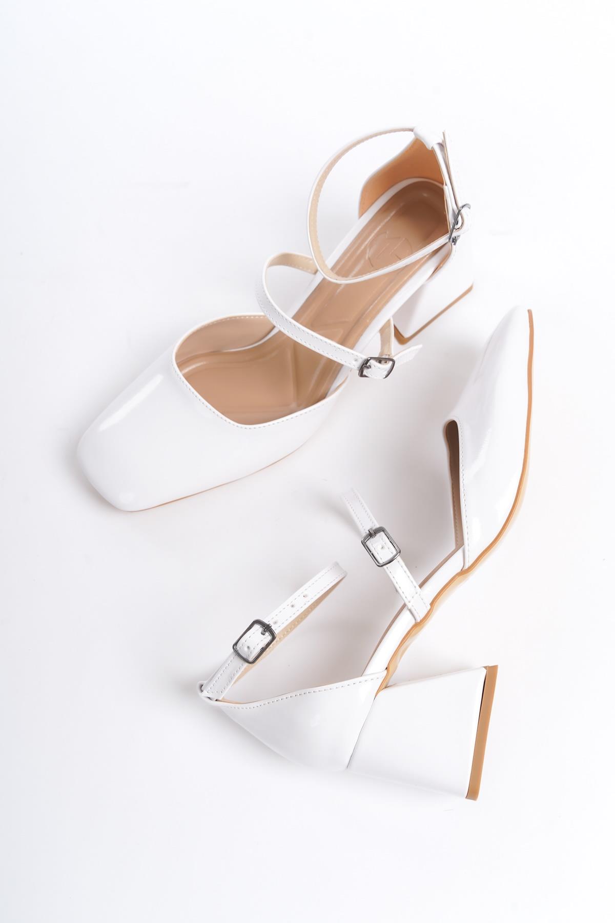 Sigva Mary Jane Yazlık Beyaz Rugan Kalın Topuklu Bantlı Ayakkabı - Görsel 2