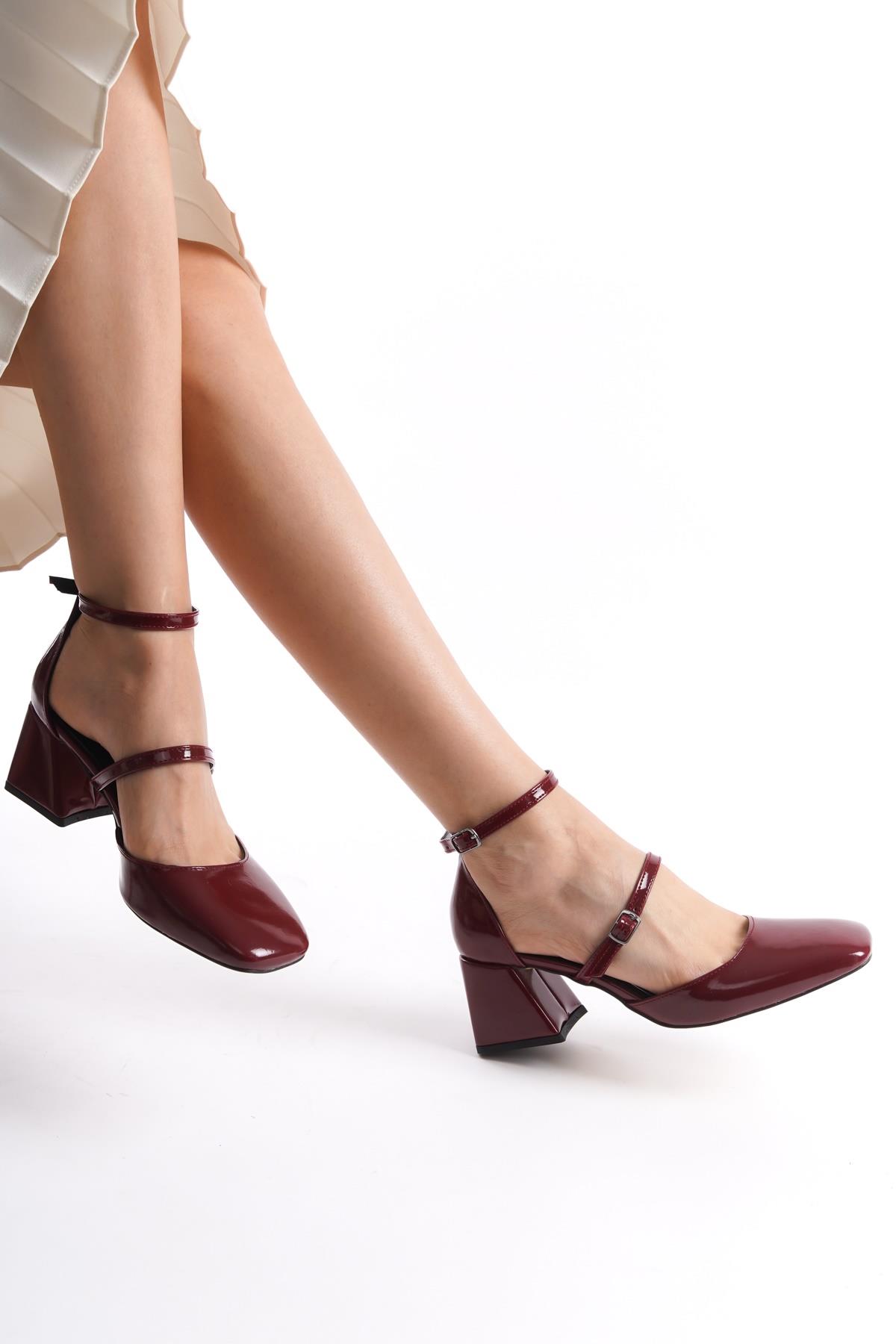 Sigva Mary Jane Yazlık Bordo Rugan Kalın Topuklu Bantlı Ayakkabı - Görsel 4
