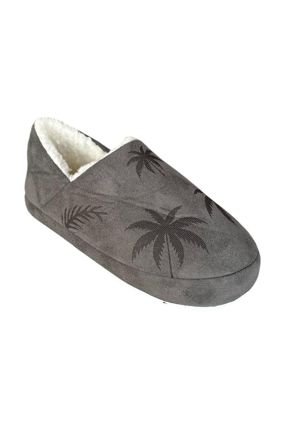 Ultra Hafif Palmiye Desenli Yünlü Ev Ayakkabısı Kadın Panduf FÜME - Görsel 3