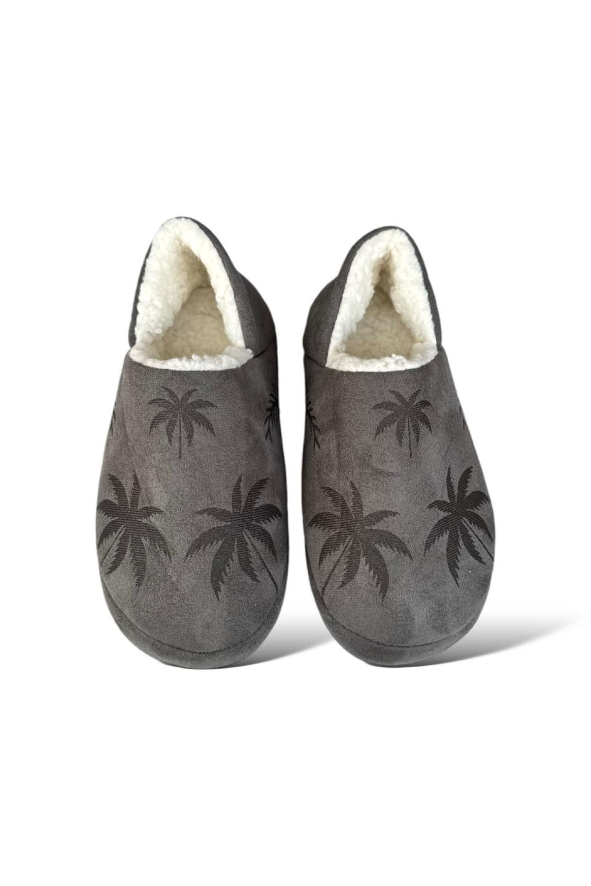 Ultra Hafif Palmiye Desenli Yünlü Ev Ayakkabısı Kadın Panduf FÜME - Görsel 5