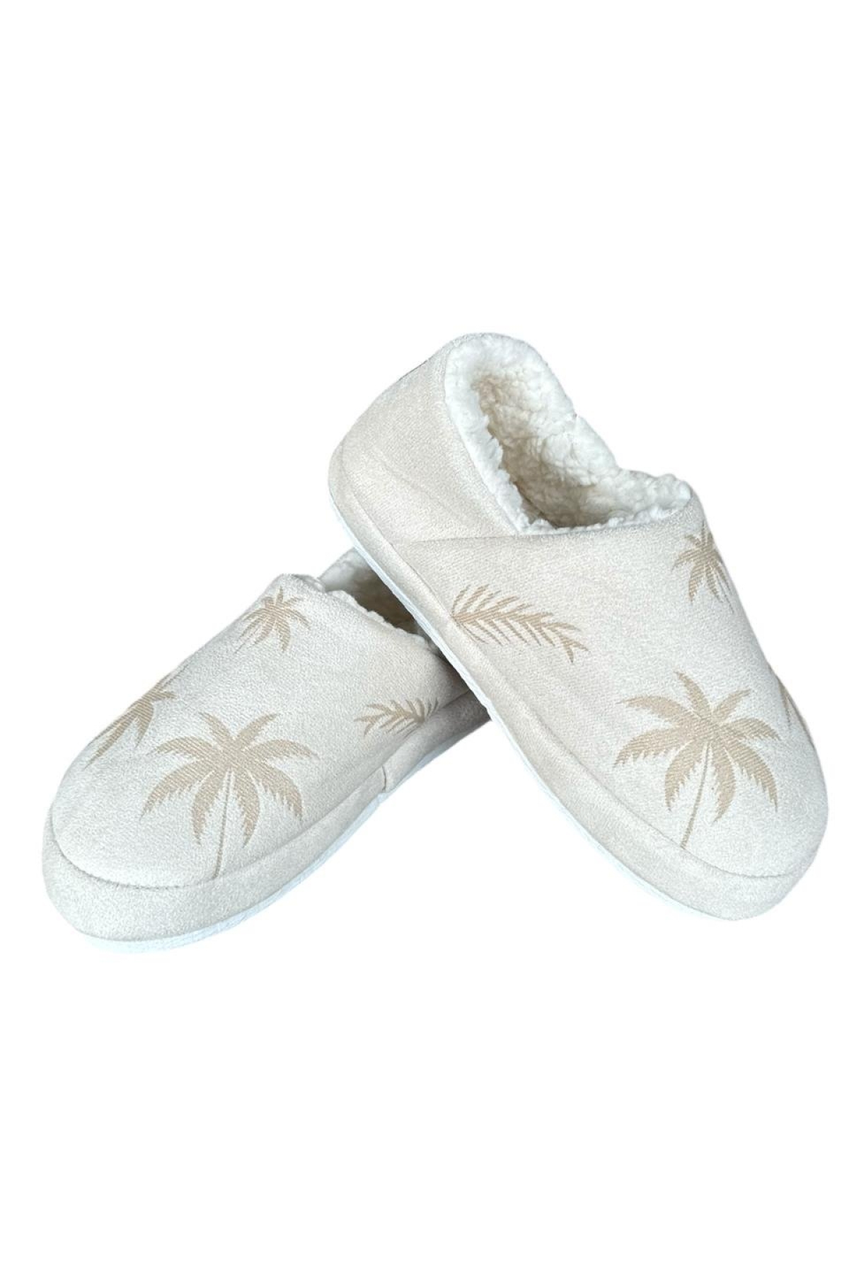 Ultra Hafif Palmiye Desenli Yünlü Ev Ayakkabısı Kadın Panduf BEYAZ - Görsel 4