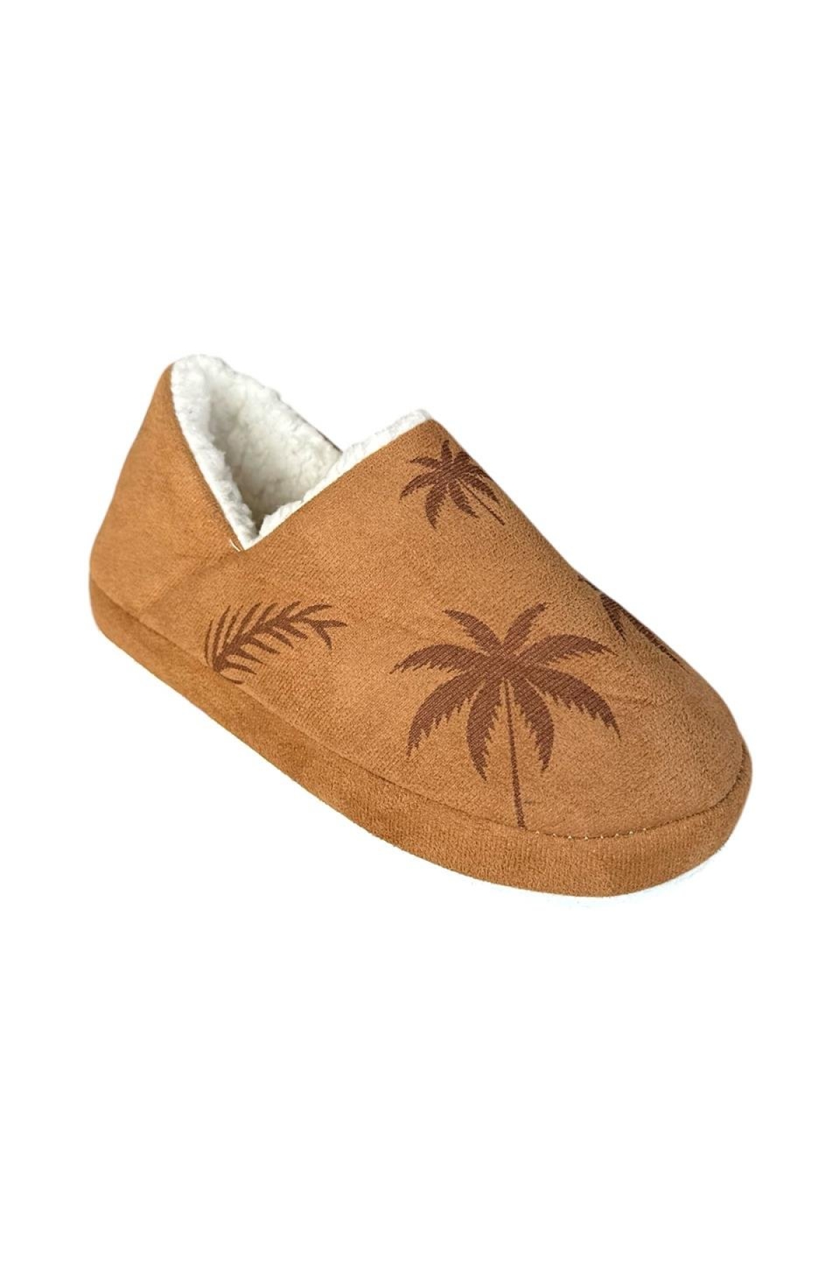 Ultra Hafif Palmiye Desenli Yünlü Ev Ayakkabısı Kadın Panduf TABA - Görsel 3