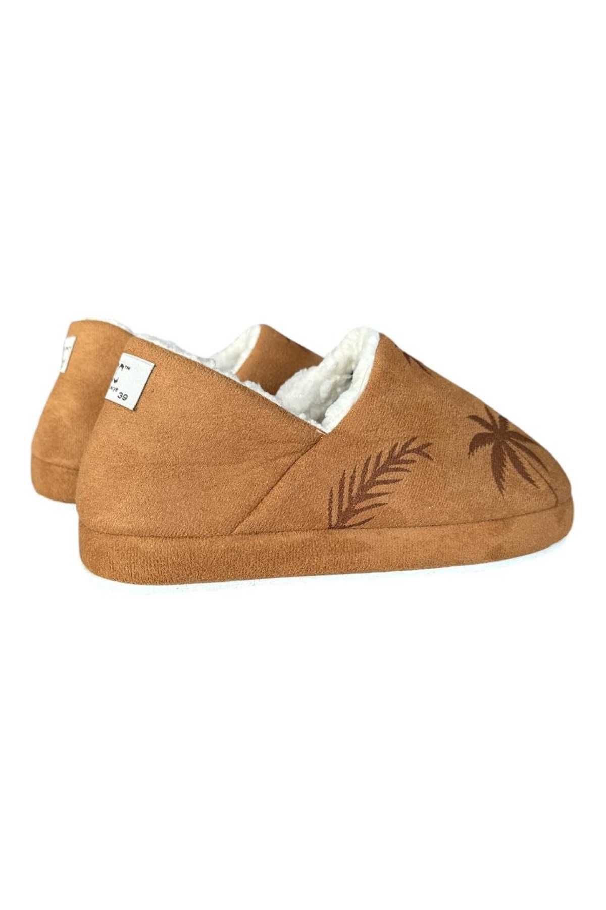 Ultra Hafif Palmiye Desenli Yünlü Ev Ayakkabısı Kadın Panduf TABA - Görsel 4