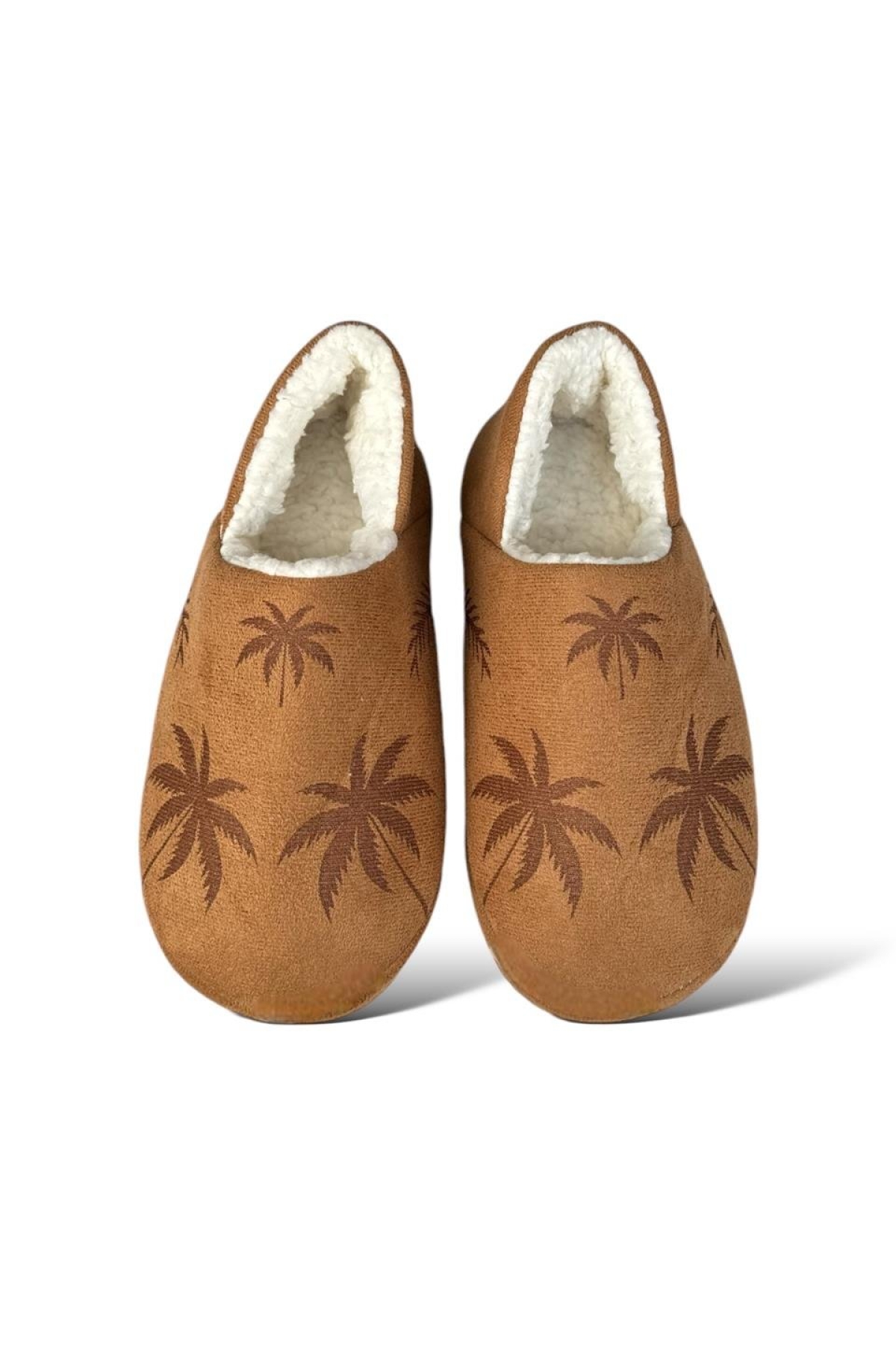 Ultra Hafif Palmiye Desenli Yünlü Ev Ayakkabısı Kadın Panduf TABA - Görsel 5