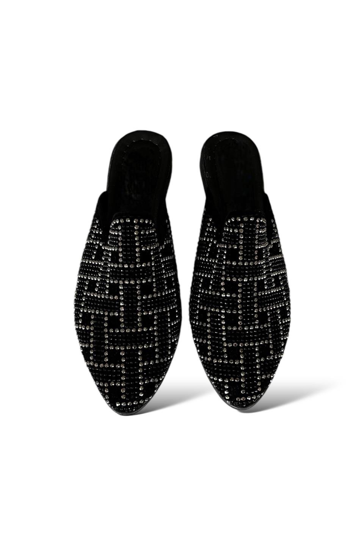 Süet Sivri Burun Taş Tasarımlı Kadın Terlik SİYAH - GÜMÜŞ - Görsel 4