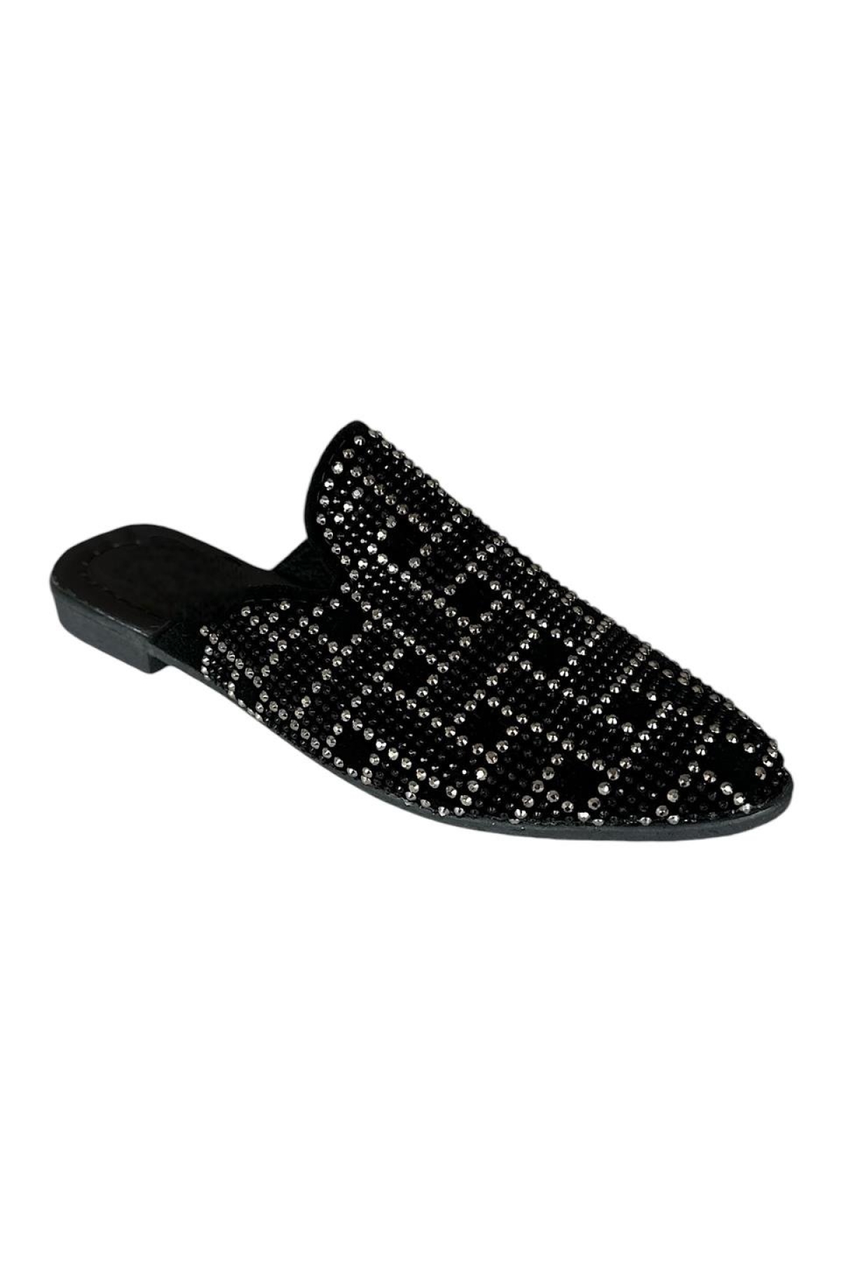 Süet Sivri Burun Taş Tasarımlı Kadın Terlik SİYAH - GÜMÜŞ - Görsel 6