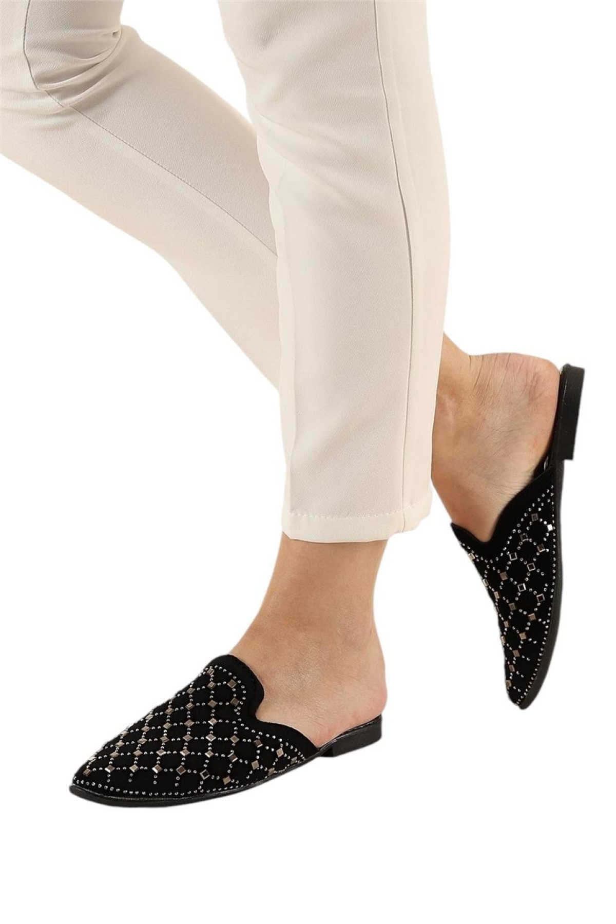 Süet Sivri Burun Taş Tasarımlı Kadın Terlik SİYAH - GÜMÜŞ - Görsel 2