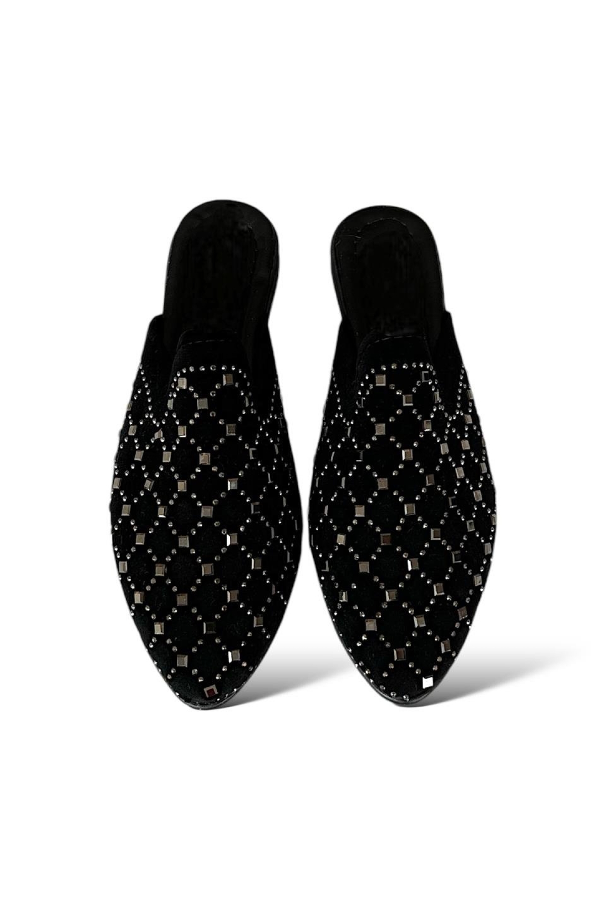 Süet Sivri Burun Taş Tasarımlı Kadın Terlik SİYAH - GÜMÜŞ - Görsel 4