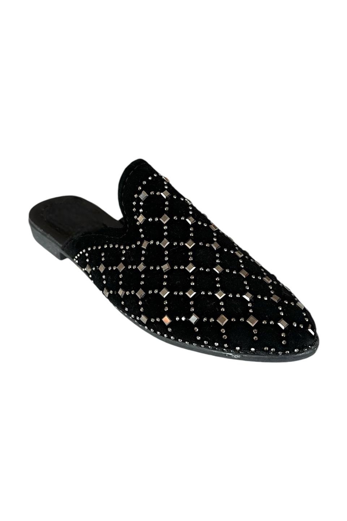 Süet Sivri Burun Taş Tasarımlı Kadın Terlik SİYAH - GÜMÜŞ - Görsel 6