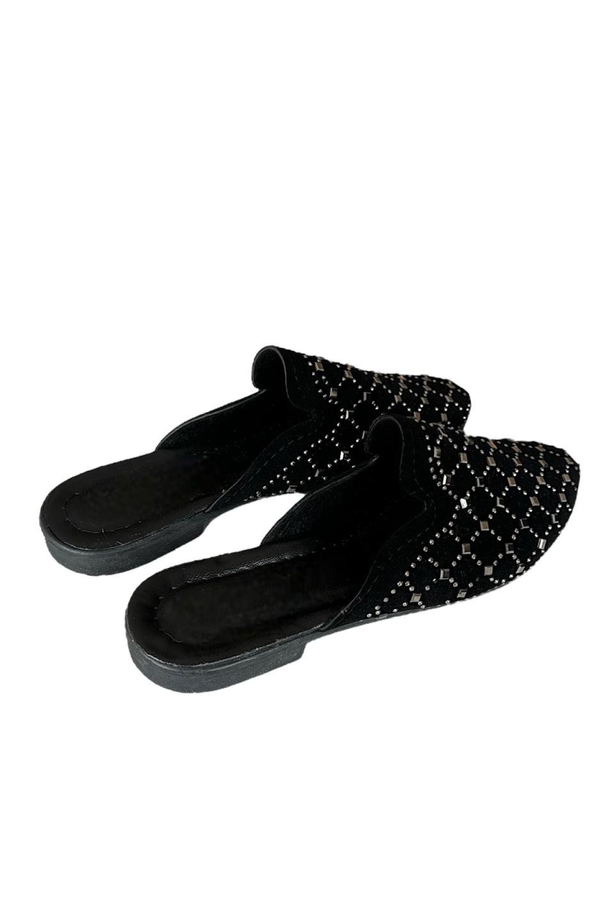 Süet Sivri Burun Taş Tasarımlı Kadın Terlik SİYAH - GÜMÜŞ - Görsel 7