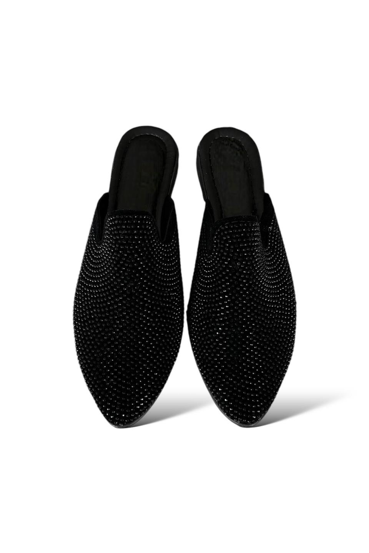 Süet Sivri Burun Taş Tasarımlı Kadın Terlik SİYAH - PLATİN - Görsel 3