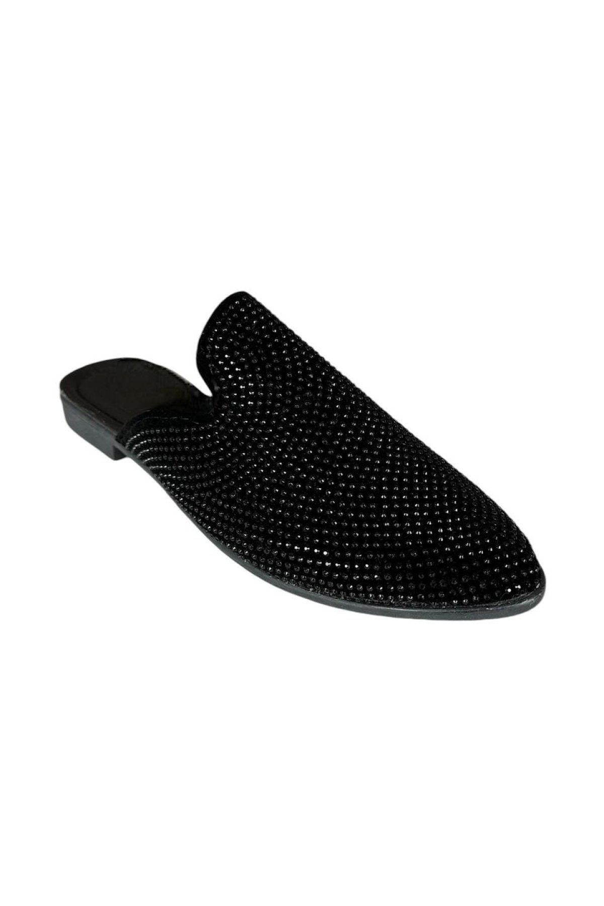 Süet Sivri Burun Taş Tasarımlı Kadın Terlik SİYAH - PLATİN - Görsel 4