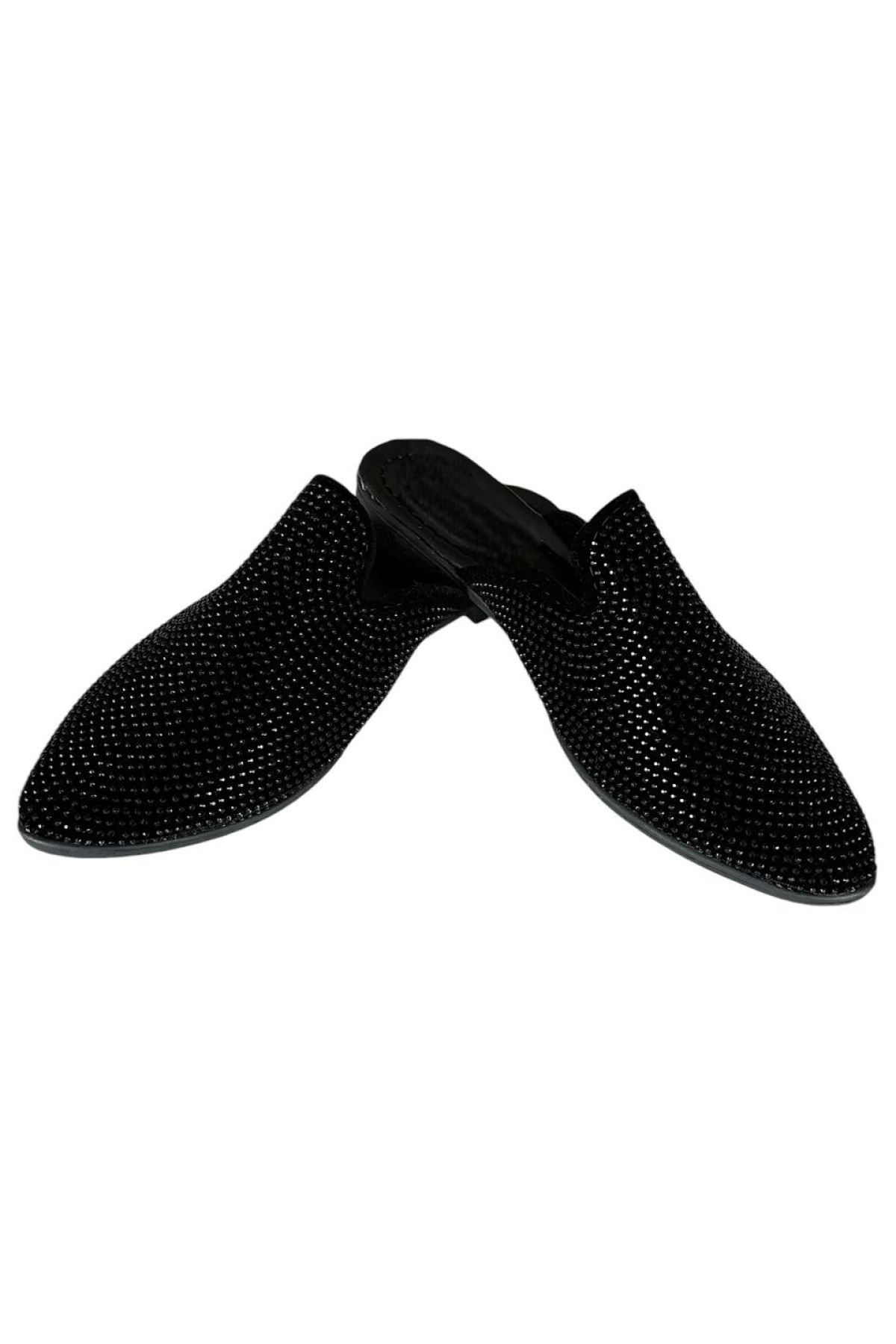 Süet Sivri Burun Taş Tasarımlı Kadın Terlik SİYAH - PLATİN - Görsel 5