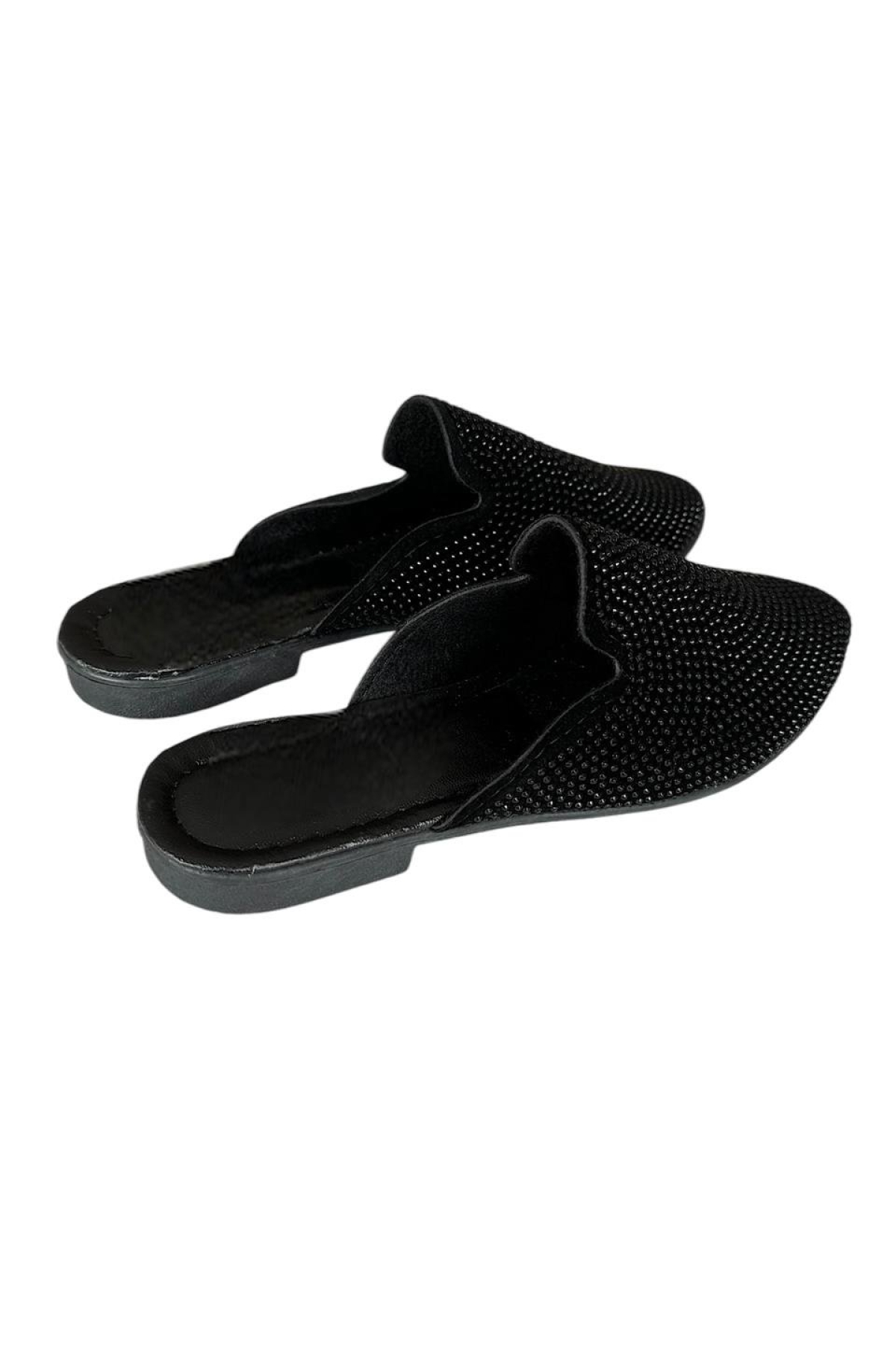 Süet Sivri Burun Taş Tasarımlı Kadın Terlik SİYAH - PLATİN - Görsel 6