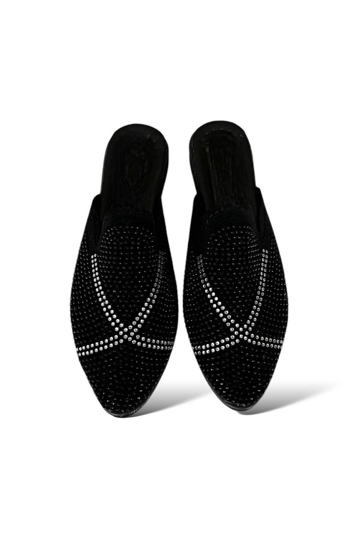 Süet Sivri Burun Taş Tasarımlı Kadın Terlik SİYAH - GÜMÜŞ - Görsel 3